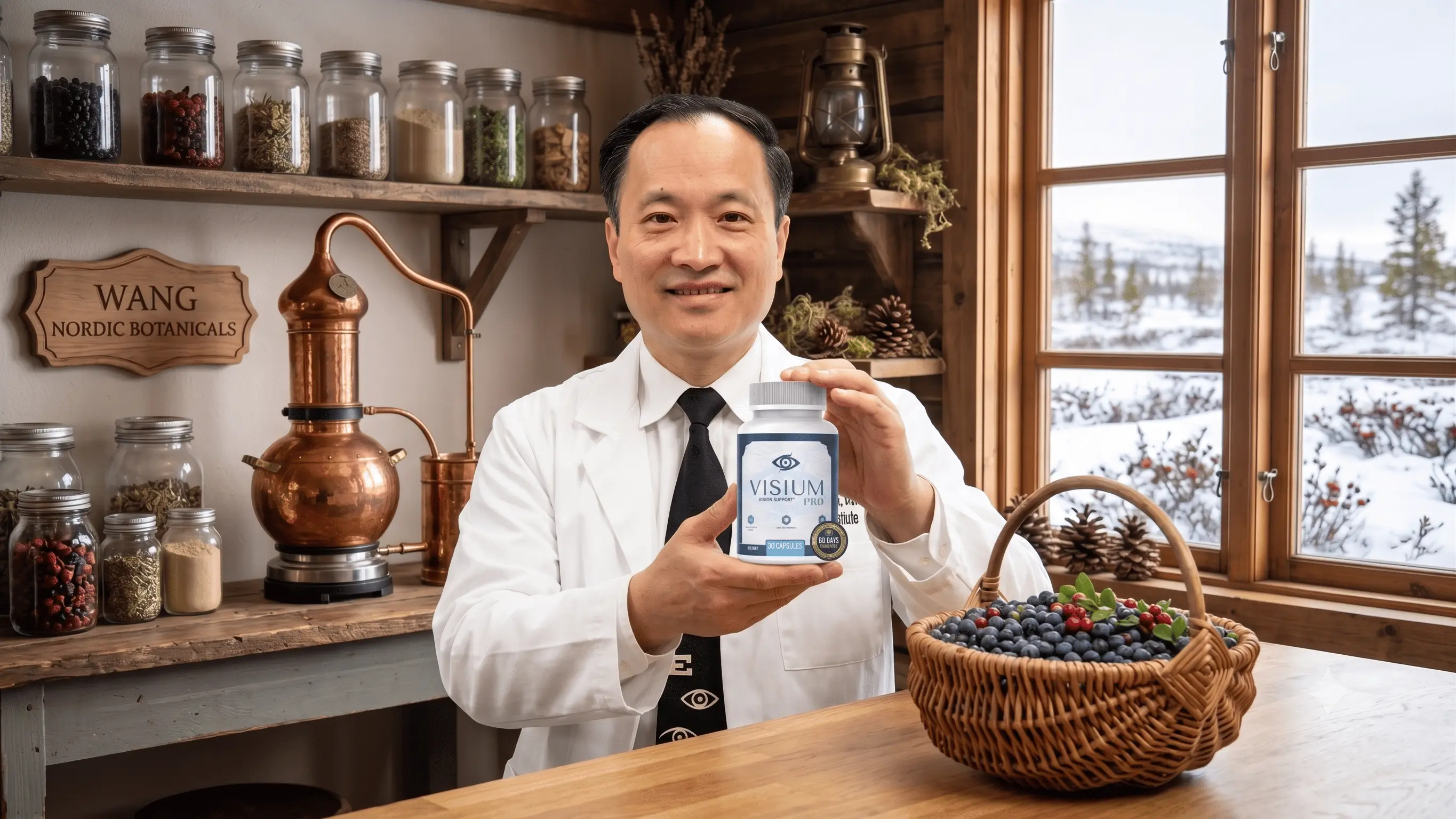 Dr. Ming Wang holding VisiumPro bottle